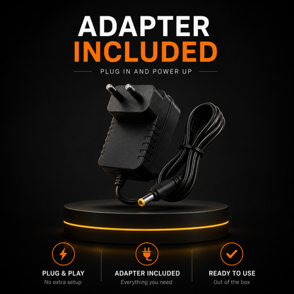Black plug-in power adapter with attached cable displayed on a black pedestal against a dark background, with large text reading 'ADAPTER INCLUDED' and feature icons below.