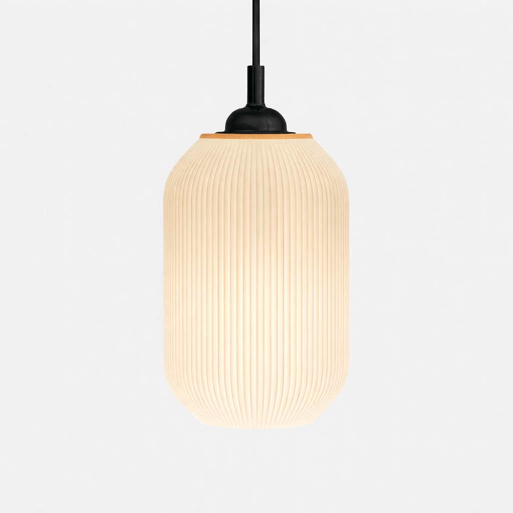Pendant light with ribbed design on a white background