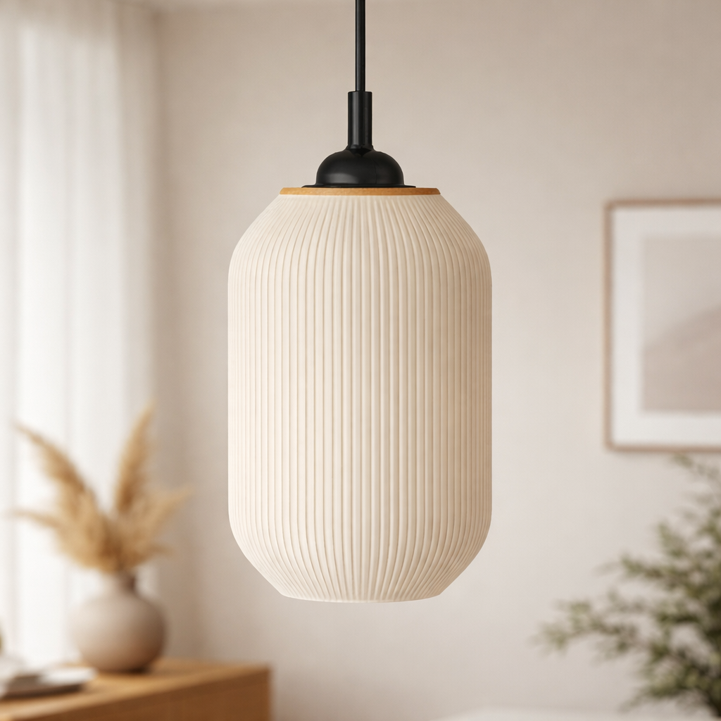 Beige pendant light hanging in a room with decor elements.