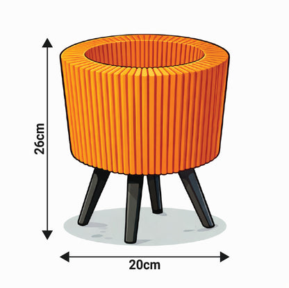 Orange cylindrical stool with black legs and dimensions indicated on a white background
