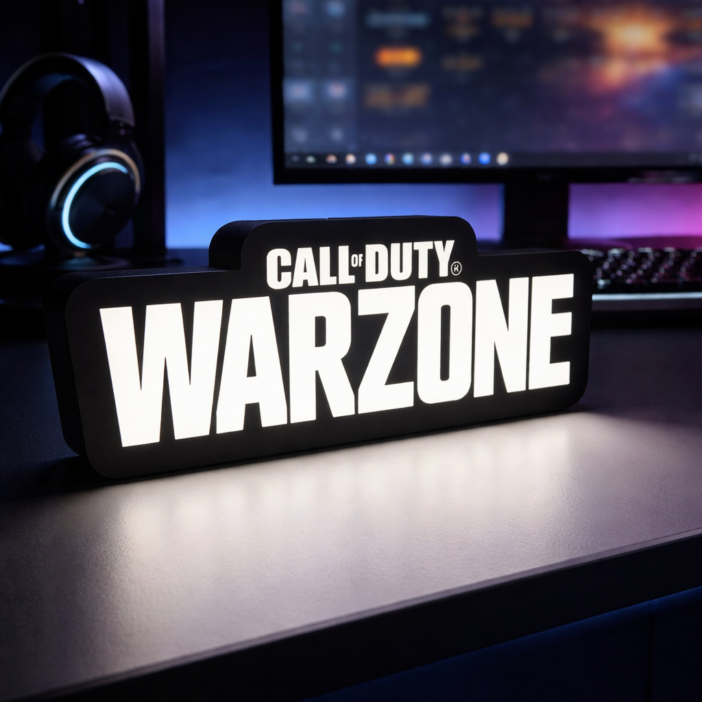 Call of Duty Warzone light box on a desk with gaming setup in the background