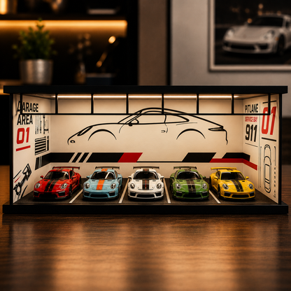 A decorative illuminated display case shaped like a garage, holding five miniature sports cars in different colors. The case has a black frame, warm white LED lighting, and racing-style graphics on the back panel, including a car outline and the words 'GARAGE AREA 01' and 'RITLAE SERVICE BAY 911'.