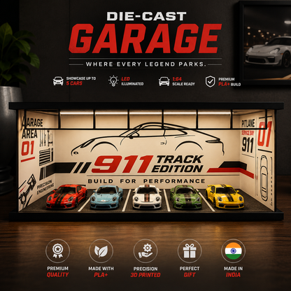 A die-cast garage display case featuring five miniature sports cars parked in simulated parking spots. The case has a black frame and a beige interior with '911 Track Edition' graphics, set against a dark garage-themed background with promotional text and feature icons.