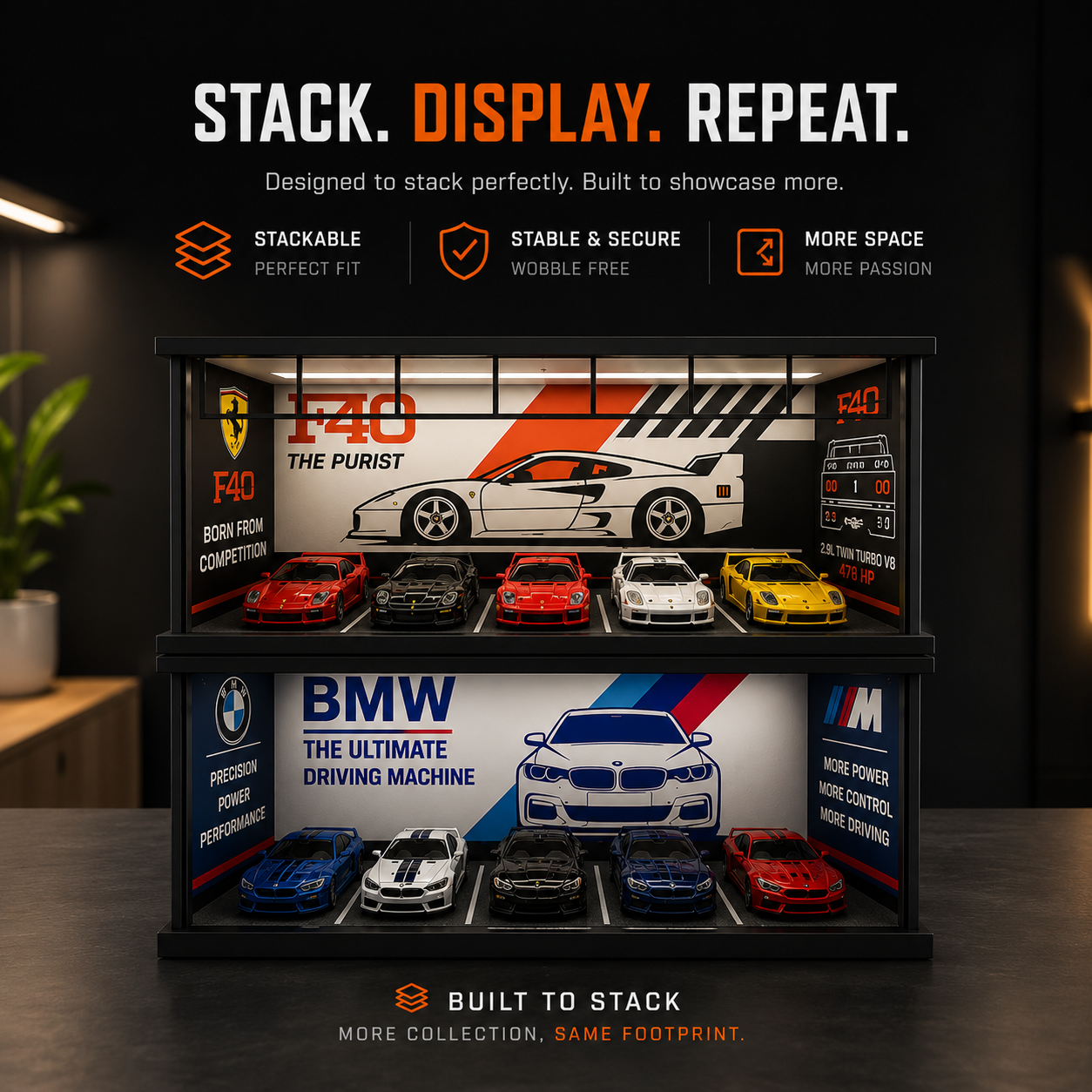 A two-tier illuminated display cabinet showcasing miniature toy cars, with branded panels for Ferrari and BMW. The cabinet is set against a dark background with promotional text overlays highlighting its stackable, stable, and wobble-free design.