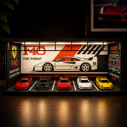 A Ferrari F40-themed miniature display featuring five toy cars parked in front of a large illuminated poster with Ferrari branding and an illustration of the F40.
