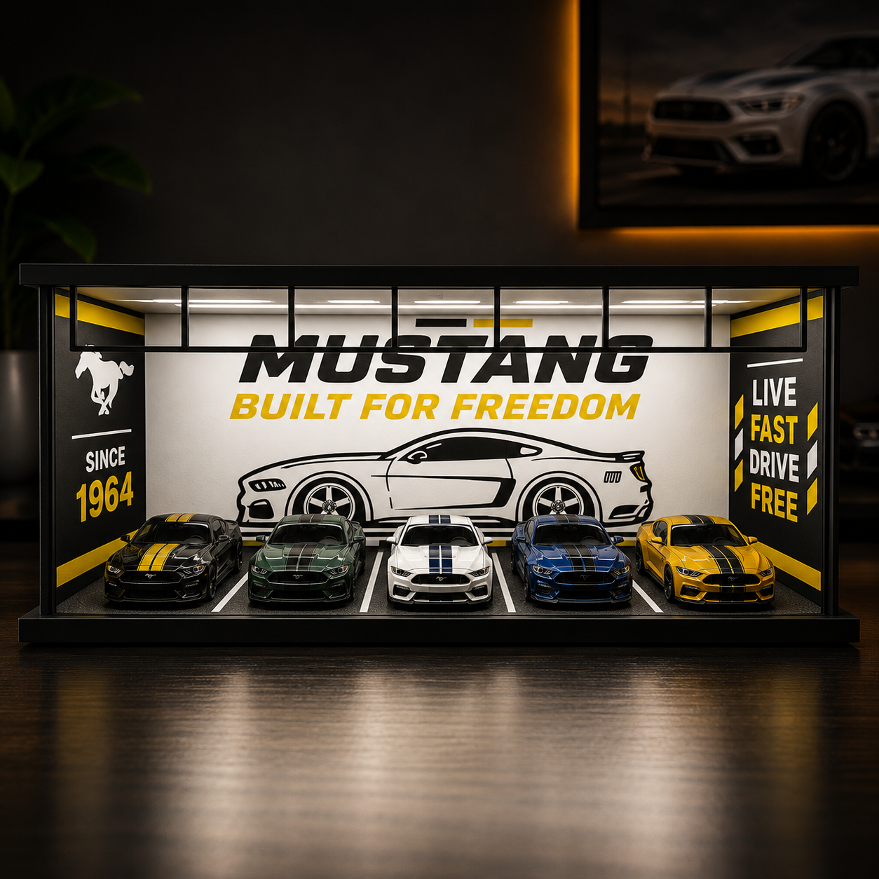 A black display case featuring four miniature Mustang cars arranged in a row, with a large Mustang graphic and the words 'BUILT FOR FREEDOM' on the back panel. The case is placed on a wooden surface against a dark background.