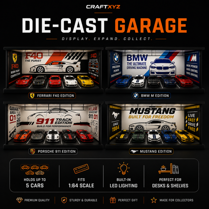 A promotional graphic for the Craftxyz Die-Cast Garage display kit, showing four different garage models: Ferrari F40 Edition, BMW M Edition, Porsche 911 Edition, and Mustang Edition. The graphic highlights key features such as holding up to 5 cars, 1:84 scale, built-in LED lighting, and suitability for desks and shelves.