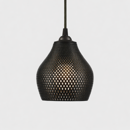 Black mesh pendant light on a white background