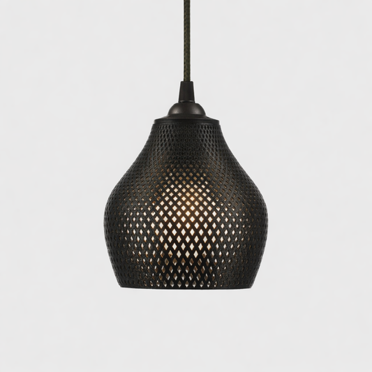 Black mesh pendant light on a white background