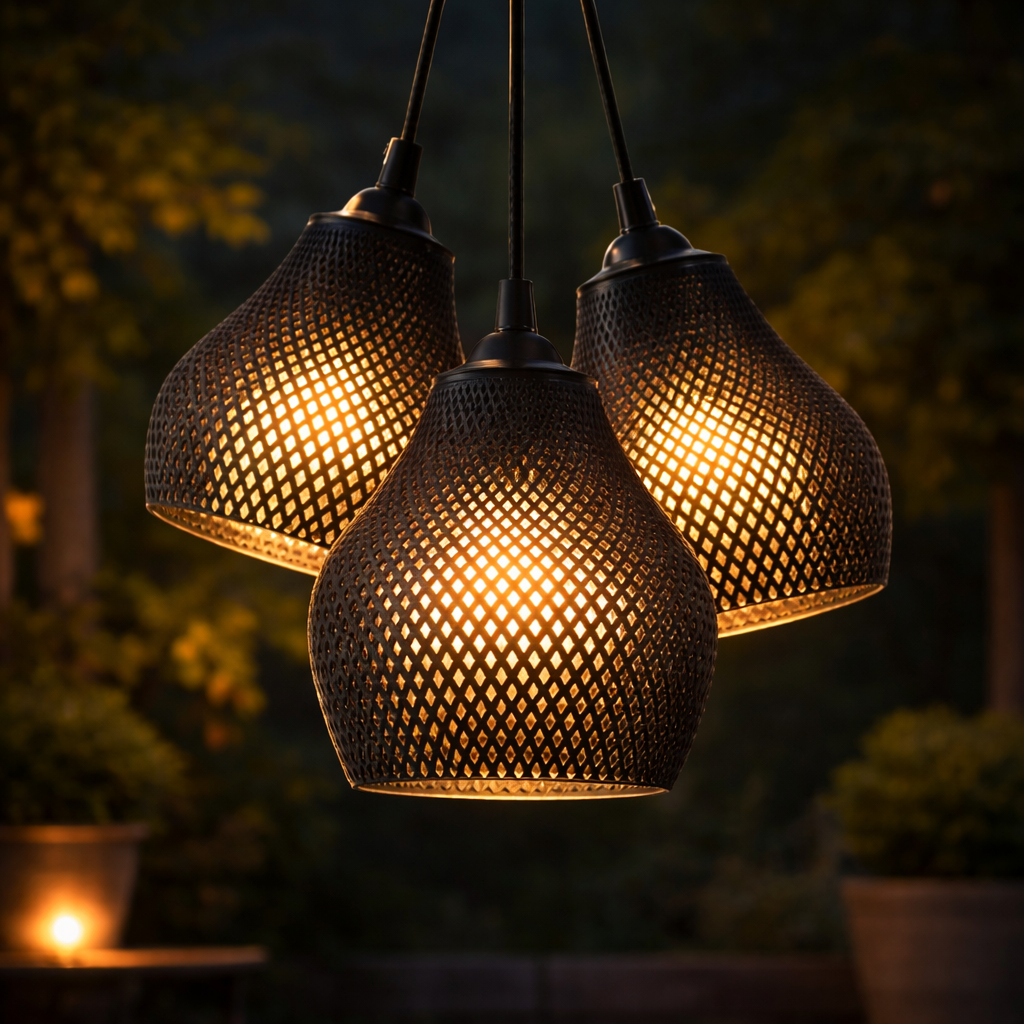 Three illuminated woven pendant lights hanging against a dark background with blurred greenery.