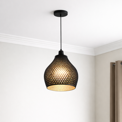 Modern pendant light with perforated design hanging from the ceiling.