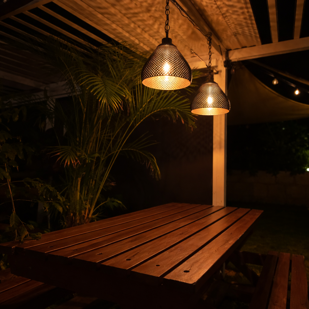 Wooden table with hanging lights in a dark outdoor setting