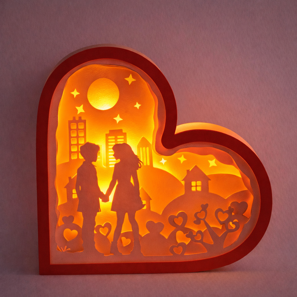 Heart-shaped paper lamp with a silhouette of a couple holding hands against a cityscape background.