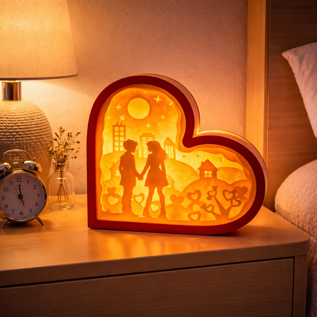 Heart-shaped night light on a bedside table with a couple holding hands, surrounded by decorative items.