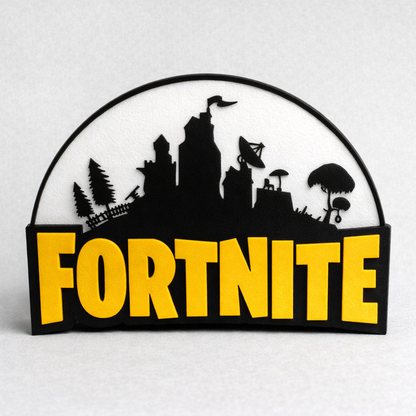 Decorative sign with 'Fortnite' logo and game-themed silhouette on a white background