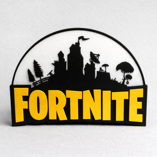 Decorative sign with 'Fortnite' logo and game-themed silhouette on a white background