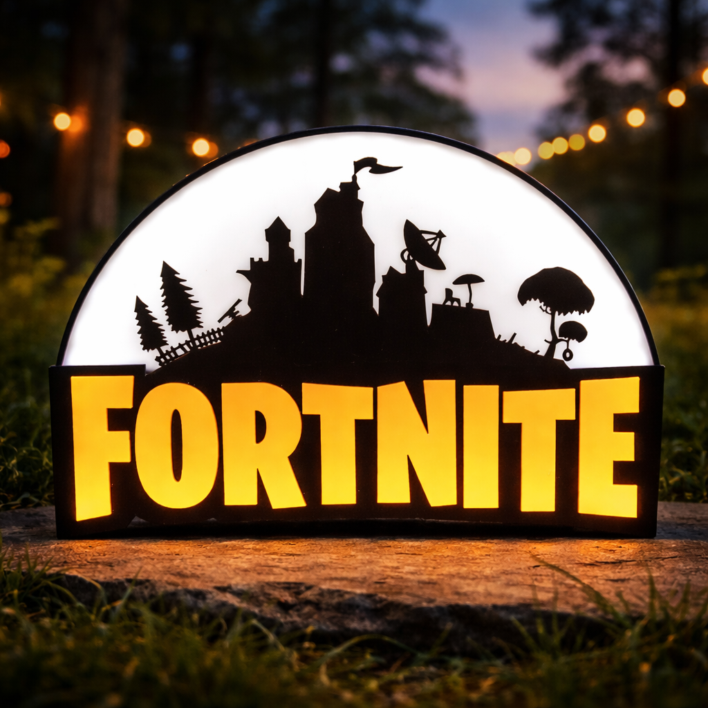 Decorative sign with 'Fortnite' logo and game-themed silhouettes on a grassy background.