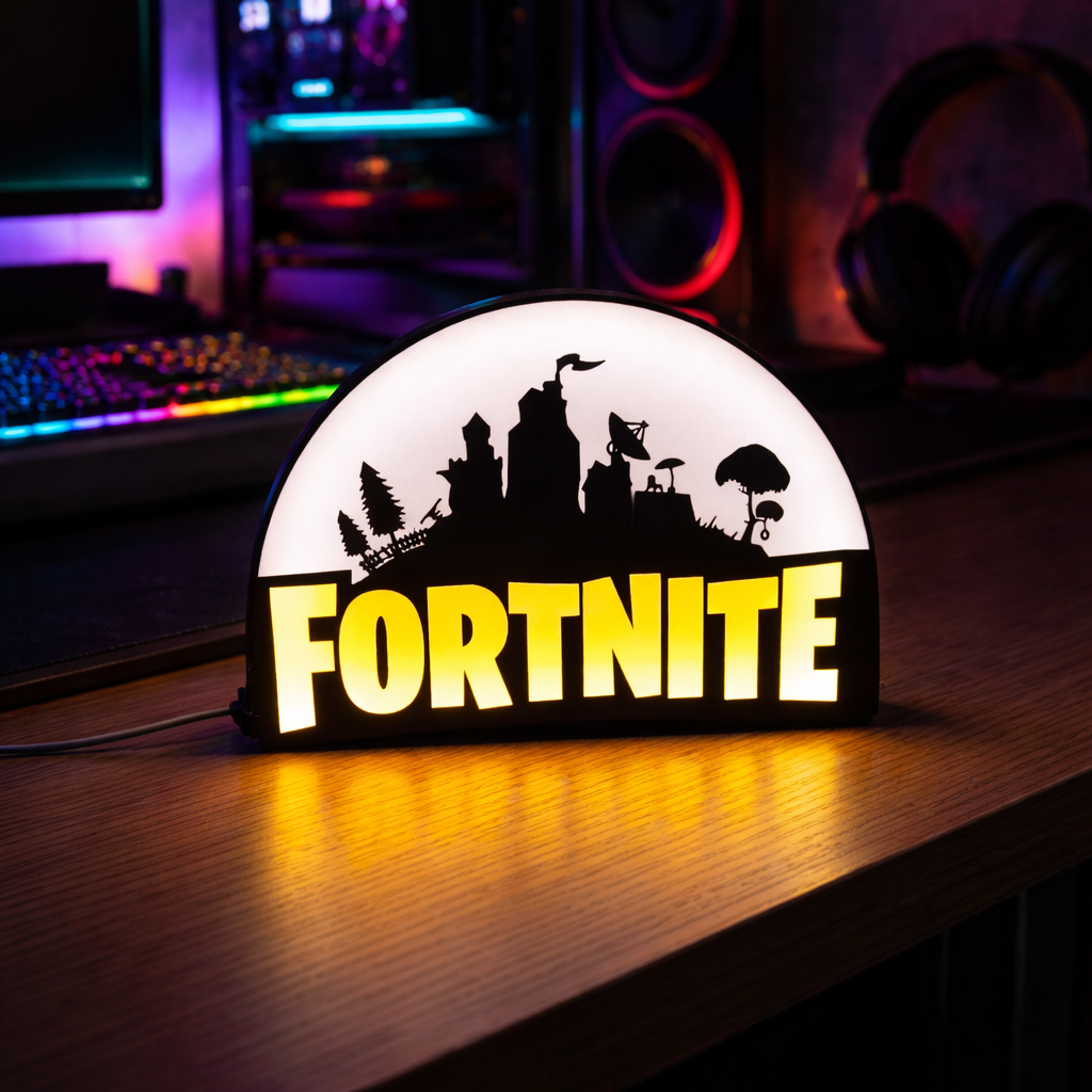 Lamp with 'Fortnite' logo on a desk in a gaming setup