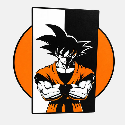 Character in orange and black outfit with a white circle on a black background
