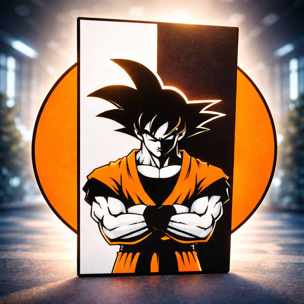 Character in orange and black outfit with a large orange circle on a dark background