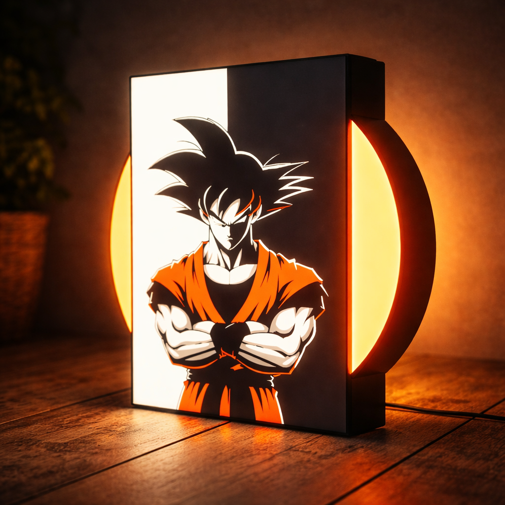 Light box with a character design on a wooden surface