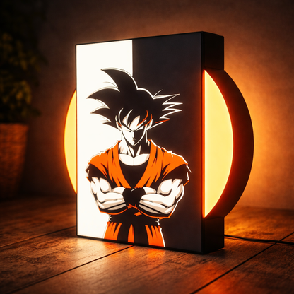 Light box with a character design on a wooden surface