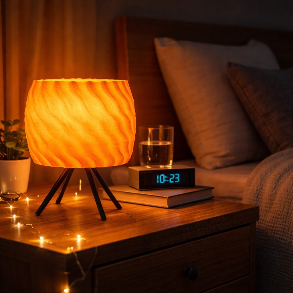 Lamp on a nightstand with a clock displaying 10:23, in a cozy bedroom setting.