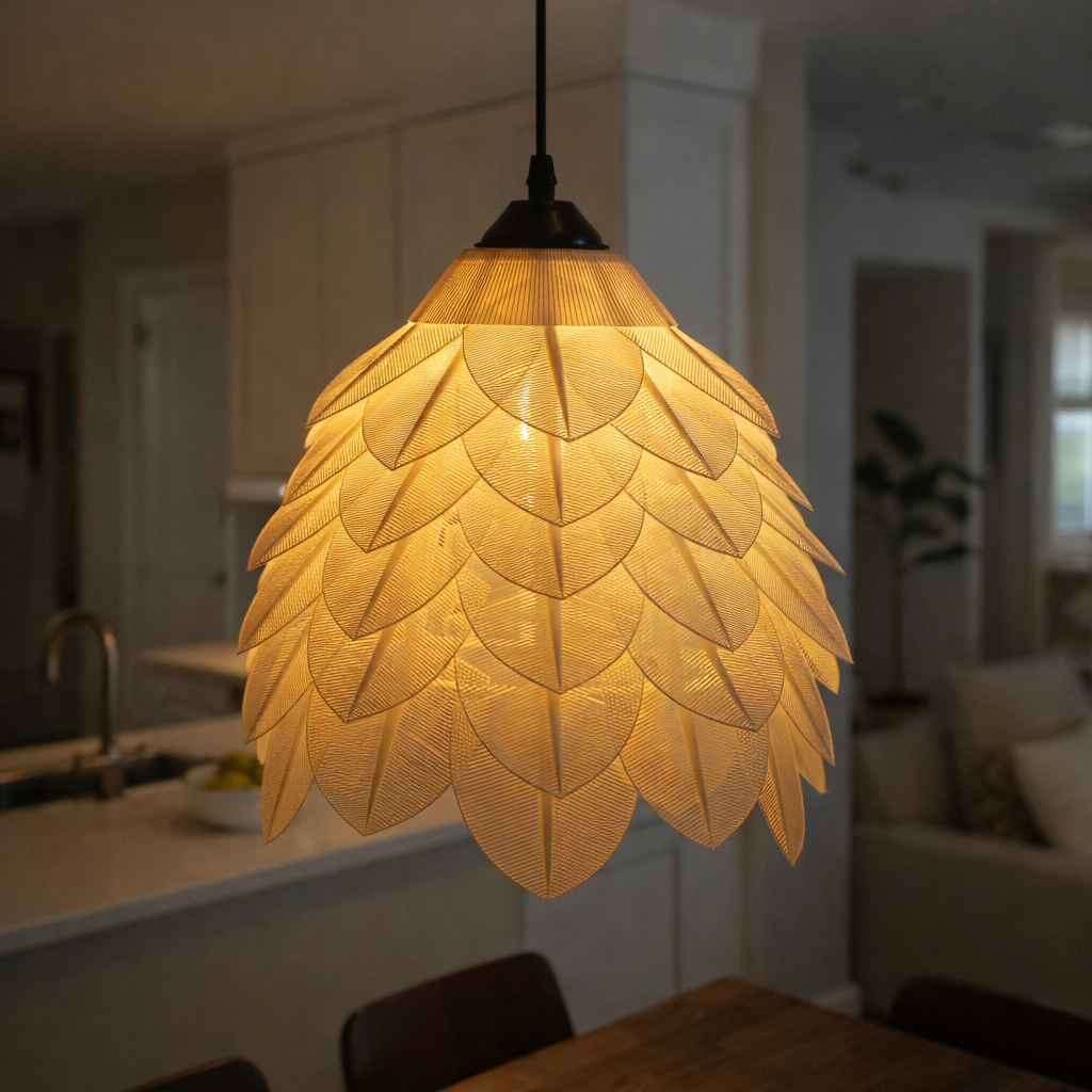 Decorative pendant light with leaf-like design in a home setting