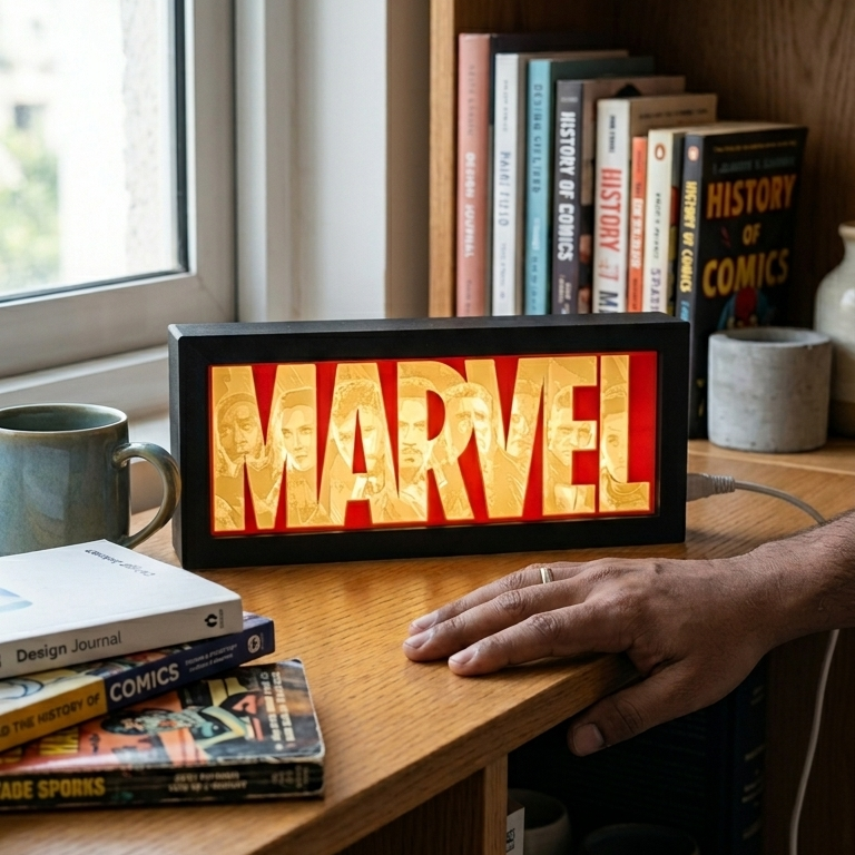 Person interacting with a Marvel-themed light box on a bookshelf.