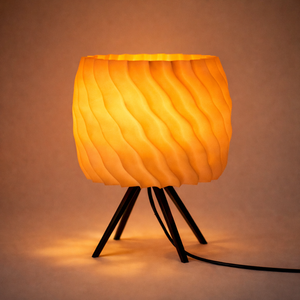 Table lamp with wavy orange shade and black metal legs on a warm brown background