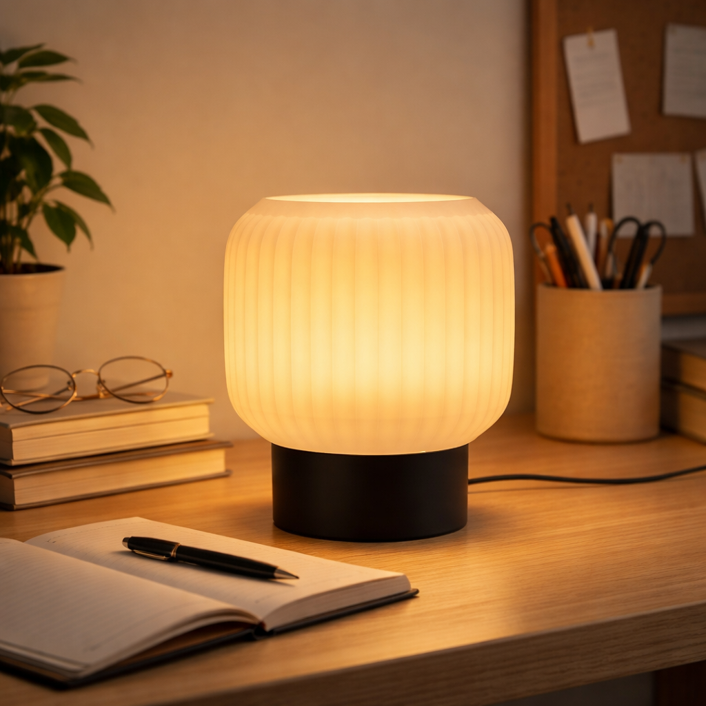 Lamp on a desk with books, glasses, and stationery items in a warm setting