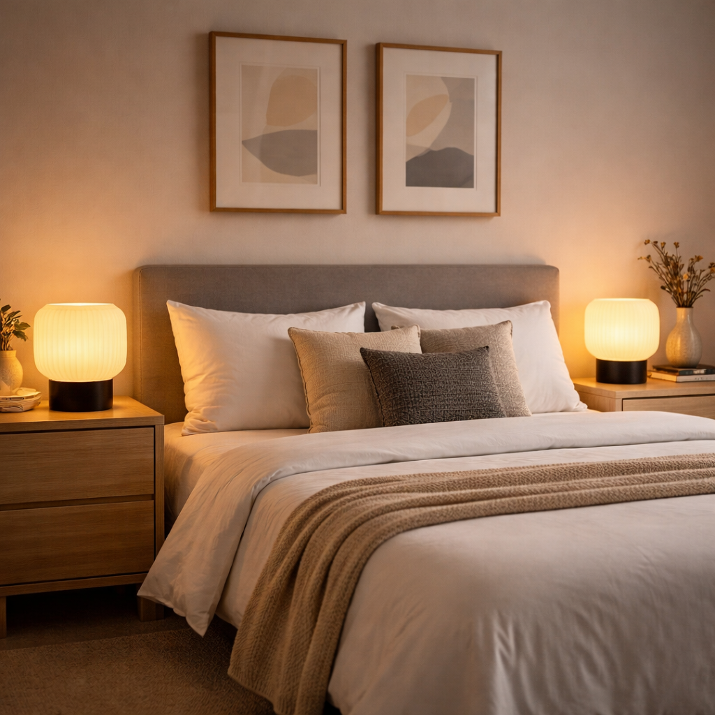Cozy bedroom with a bed, nightstands, and wall art