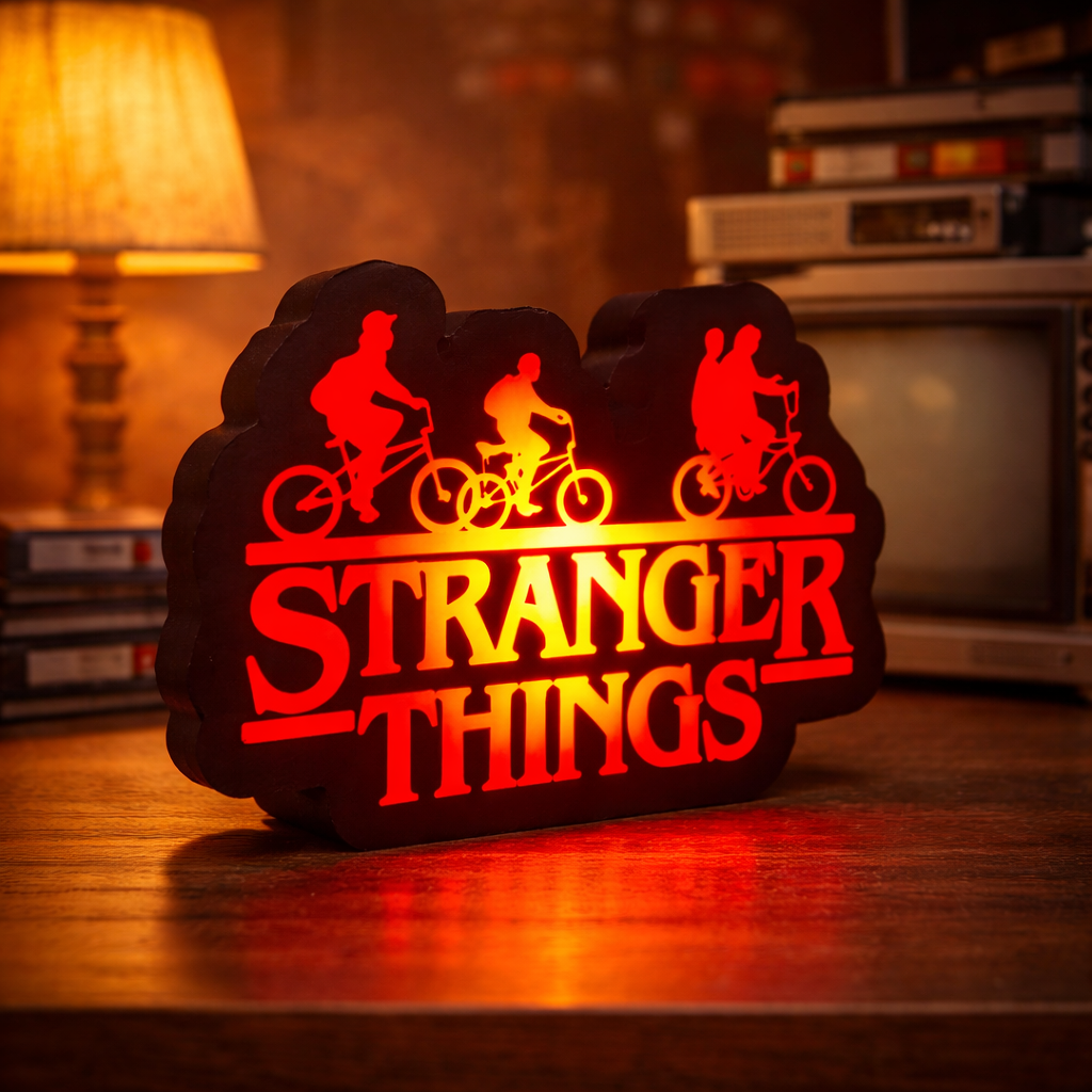Decorative sign with 'Stranger Things' logo and silhouette of characters on bicycles, glowing orange.