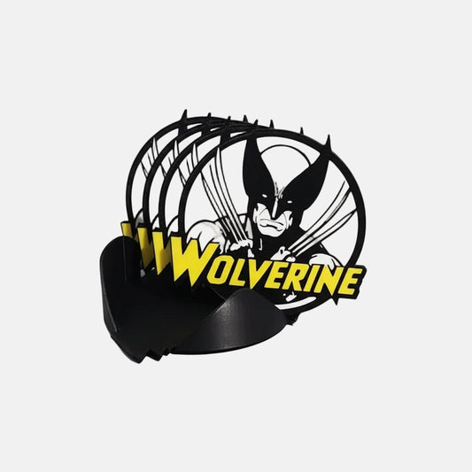 Vinyl record with a Wolverine design on a stand