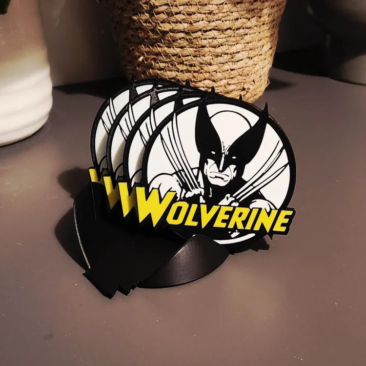 Vinyl record with a Wolverine design on a stand