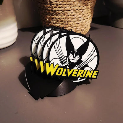 Vinyl record with a Wolverine design on a stand