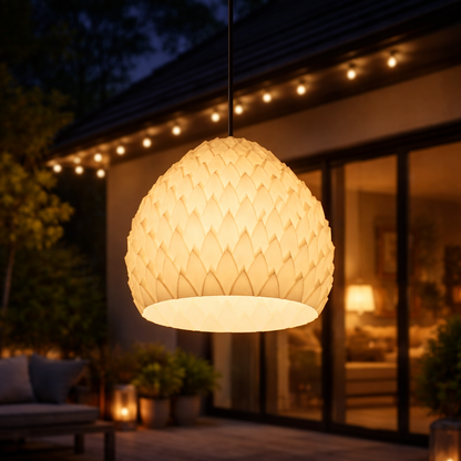 Woven pendant light hanging outdoors with a cozy evening atmosphere.