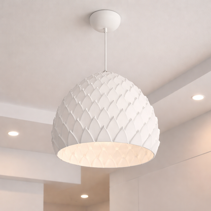 White textured pendant light hanging from a ceiling