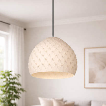 Modern living room with a pendant light, sofa, and coffee table.