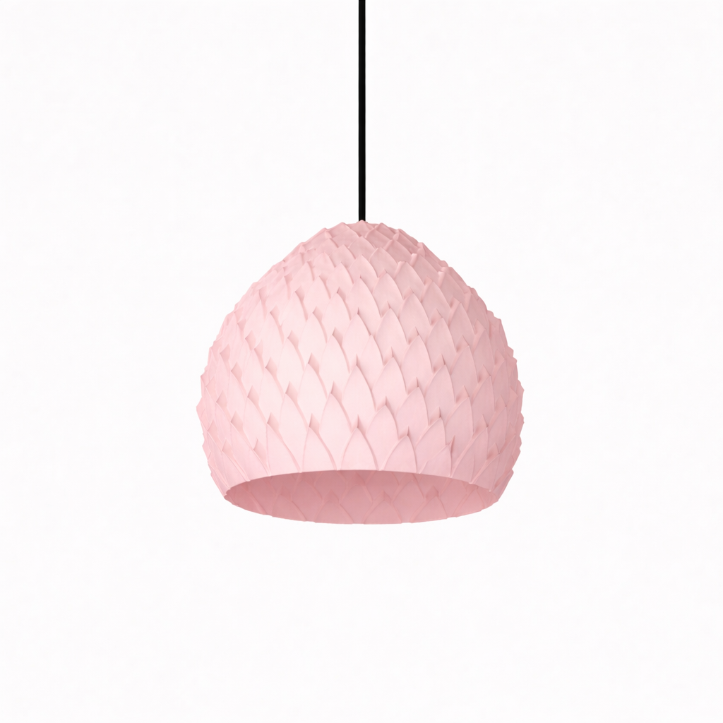 Pink woven pendant light on a white background