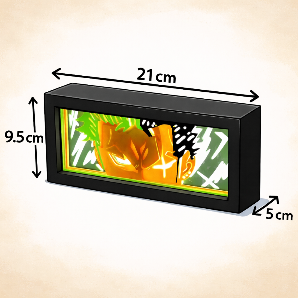 Rectangular black frame with a colorful display inside, showing dimensions on a beige background.