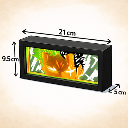 Rectangular black frame with a colorful display inside, showing dimensions on a beige background.