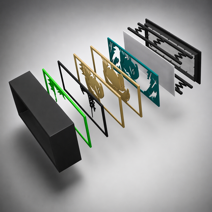 Set of metal frames in various colors on a gray background
