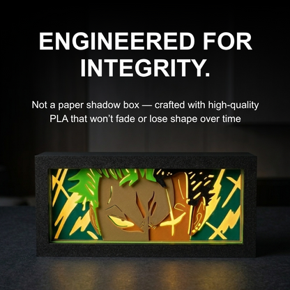 Light-up decorative box with a bear design on a dark background, featuring text about product quality.
